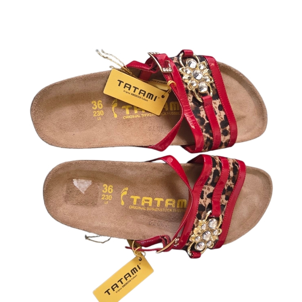 Birkenstock Tatami Red and Leopard Print  Jeweled Sandals Size 5.5